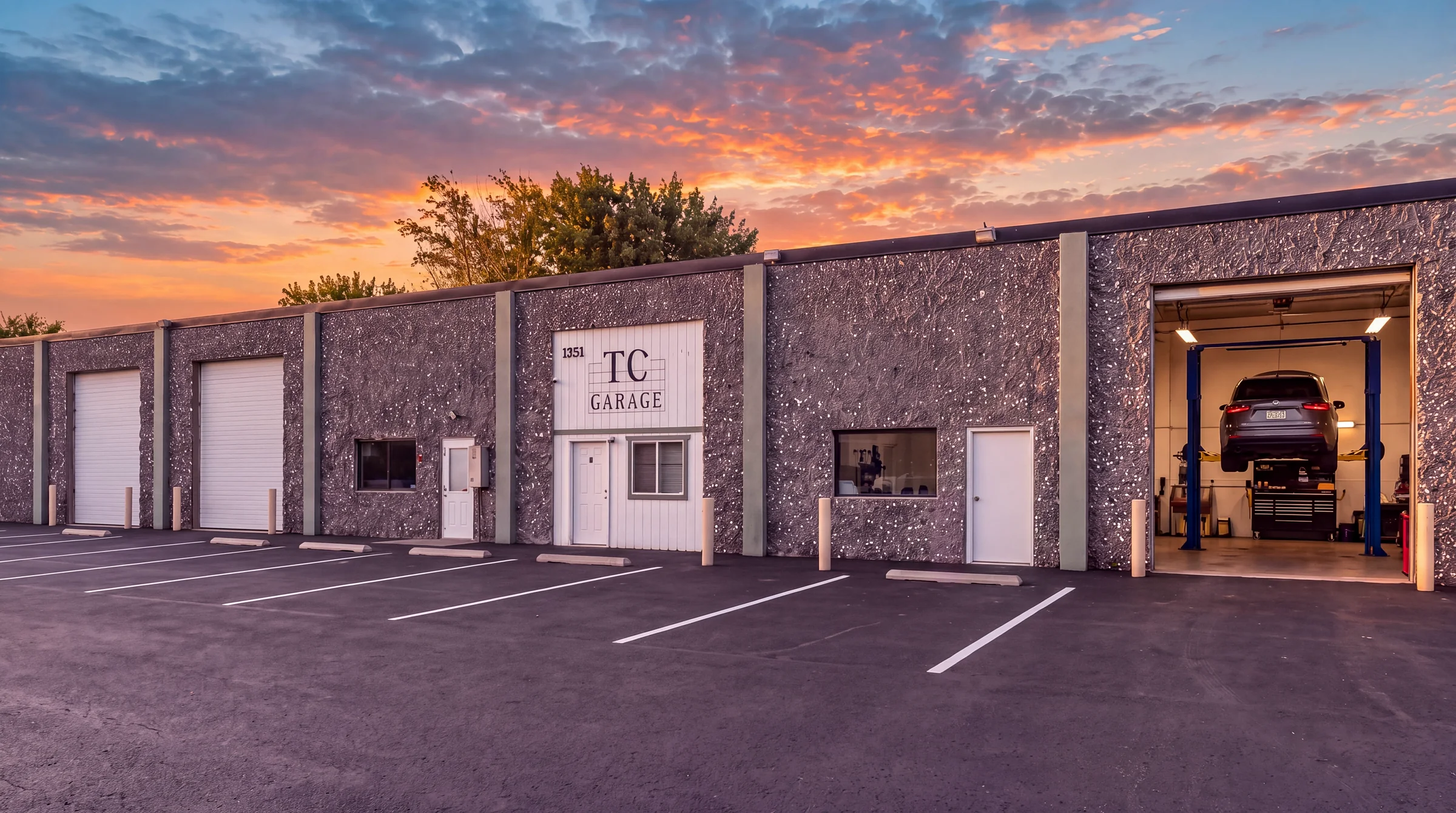 The TC Garage shop at 1351 E 3rd Ave, Kennewick, at sunset